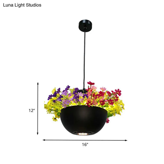 Industrial Bowl Flower Hanging Light - Black Metal Led Ceiling Suspension Lamp (1 Bulb) For