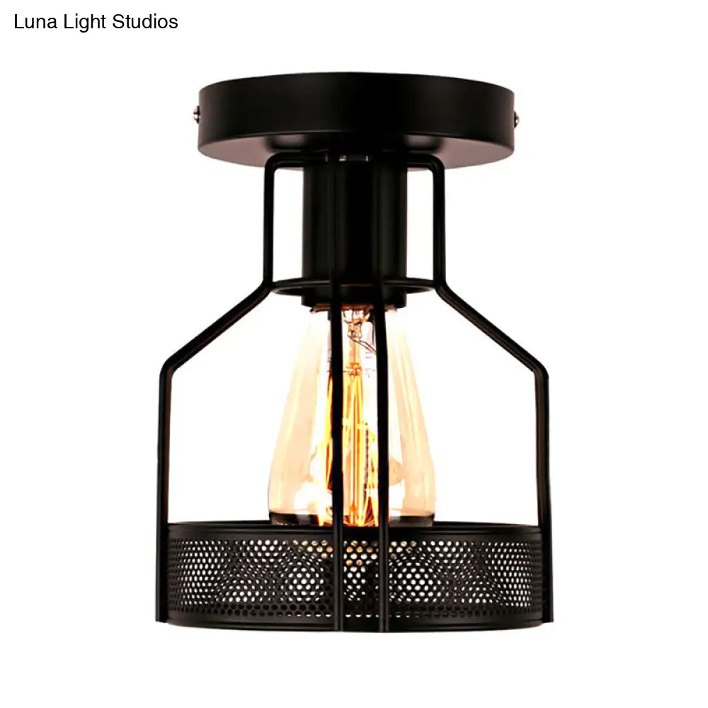 Black Metal Industrial Loft Ceiling Light With Mesh Screen - Semi Flush Mount For Dining Room