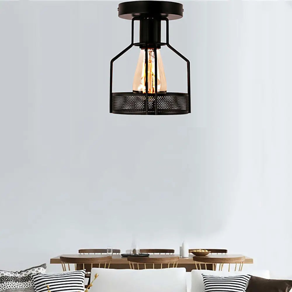 Black Metal Industrial Loft Ceiling Light With Mesh Screen - Semi Flush Mount For Dining Room