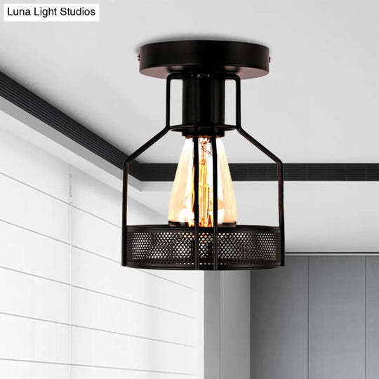 Black Metal Industrial Loft Ceiling Light With Mesh Screen - Semi Flush Mount For Dining Room