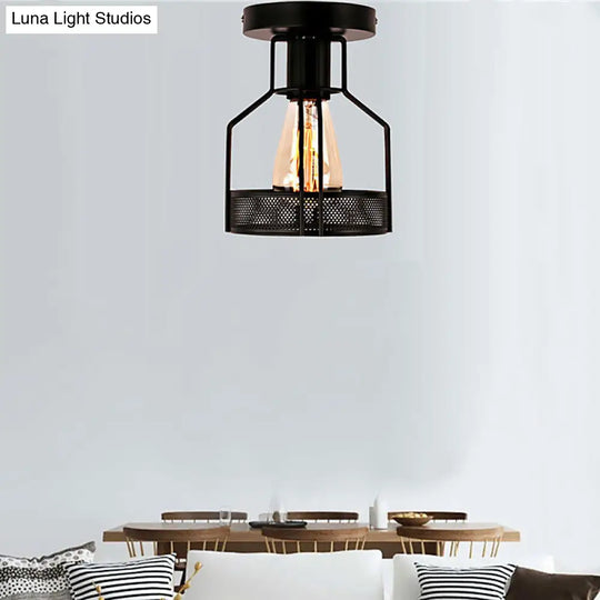 Black Metal Industrial Loft Ceiling Light With Mesh Screen - Semi Flush Mount For Dining Room