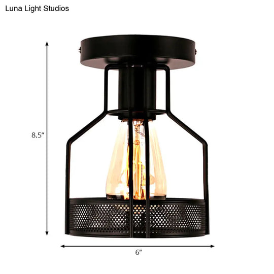 Black Metal Industrial Loft Ceiling Light With Mesh Screen - Semi Flush Mount For Dining Room