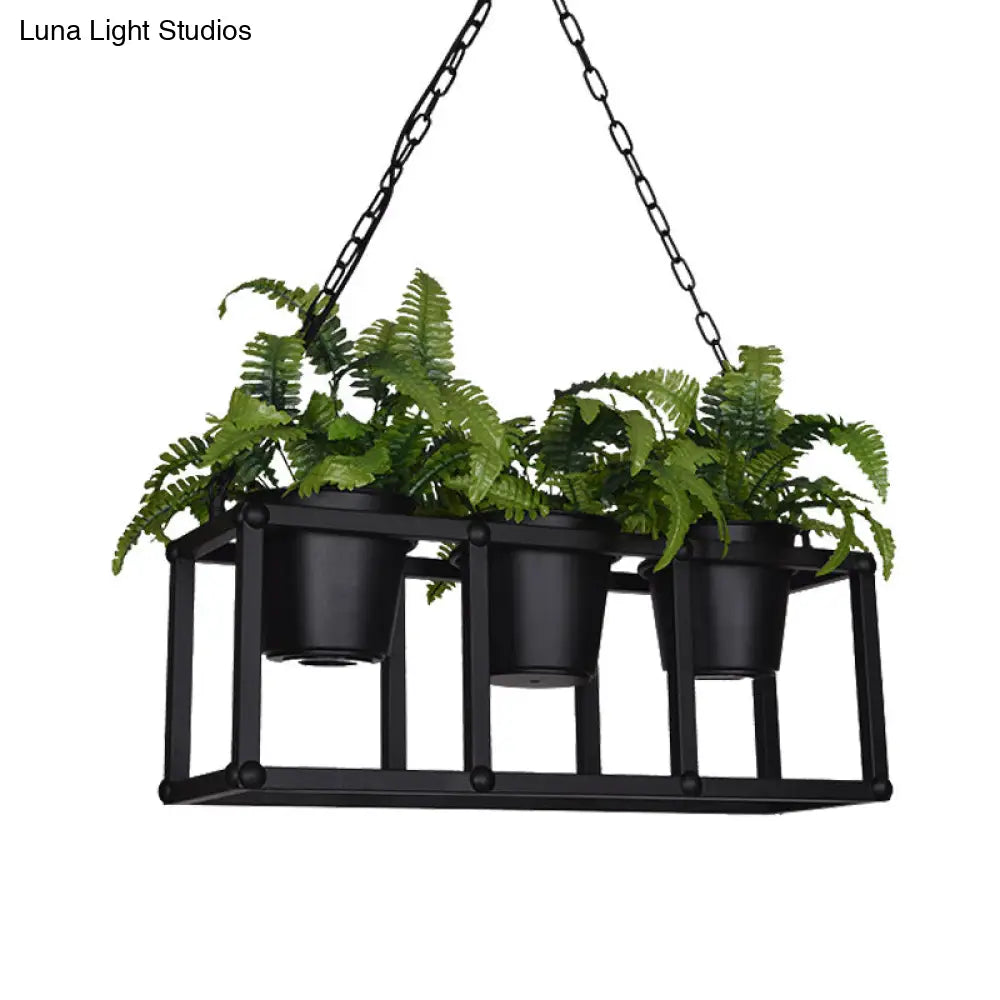 Black Metal Industrial Rectangle Island Light Fixture - 2/3/5 Bulbs Led Lamp With Plant Decor