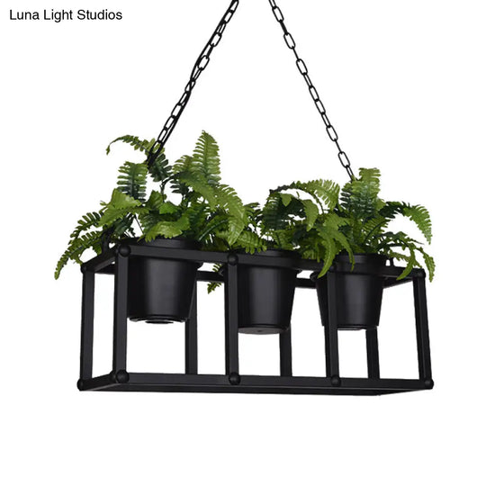 Black Metal Industrial Rectangle Island Light Fixture - 2/3/5 Bulbs Led Lamp With Plant Decor