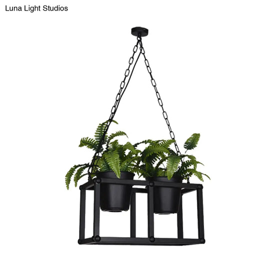 Black Metal Industrial Rectangle Island Light Fixture - 2/3/5 Bulbs Led Lamp With Plant Decor