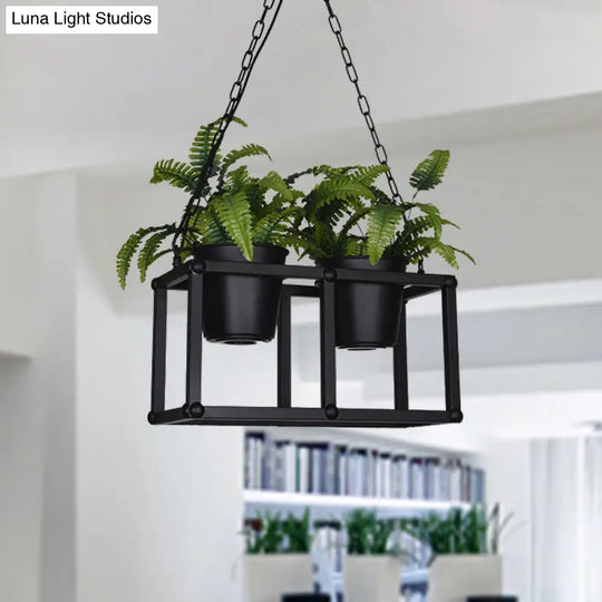 Black Metal Industrial Rectangle Island Light Fixture - 2/3/5 Bulbs Led Lamp With Plant Decor