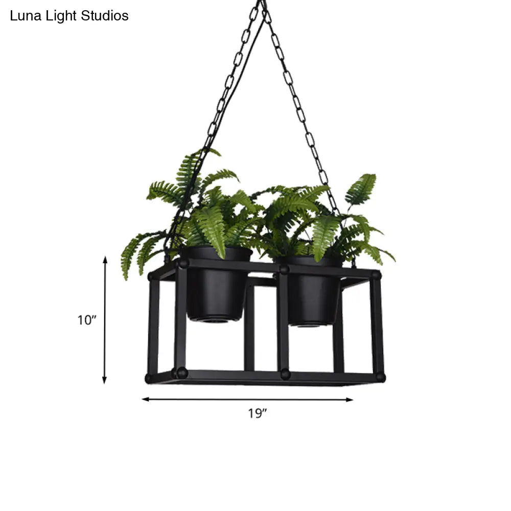 Black Metal Industrial Rectangle Island Light Fixture - 2/3/5 Bulbs Led Lamp With Plant Decor