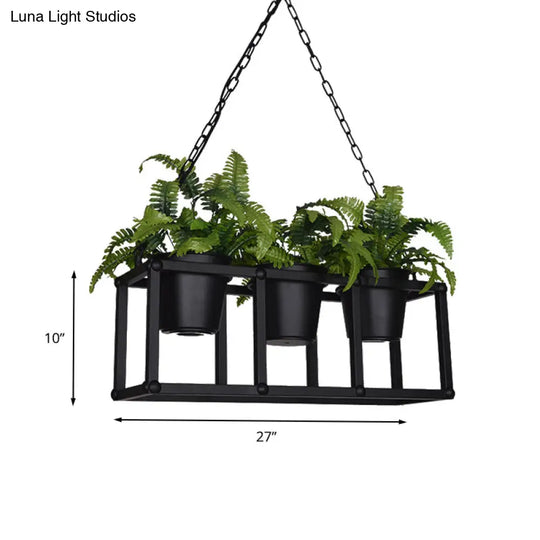 Black Metal Industrial Rectangle Island Light Fixture - 2/3/5 Bulbs Led Lamp With Plant Decor