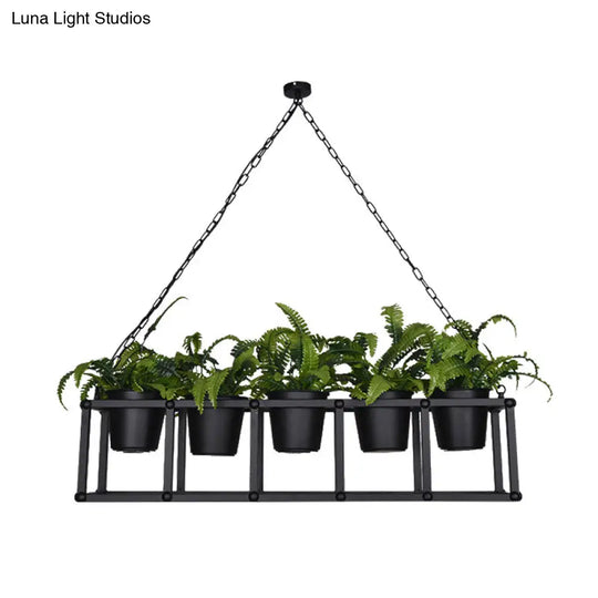 Black Metal Industrial Rectangle Island Light Fixture - 2/3/5 Bulbs Led Lamp With Plant Decor