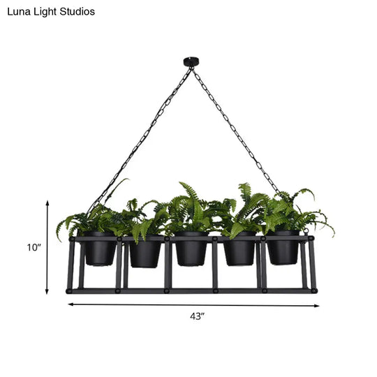 Black Metal Industrial Rectangle Island Light Fixture - 2/3/5 Bulbs Led Lamp With Plant Decor