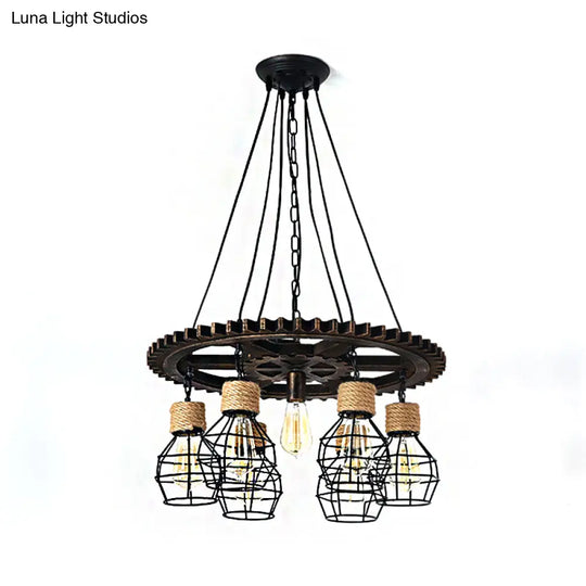 Black Metal Industrial Wagon Wheel Chandelier - 5/7-Light Living Room Hanging Lamp