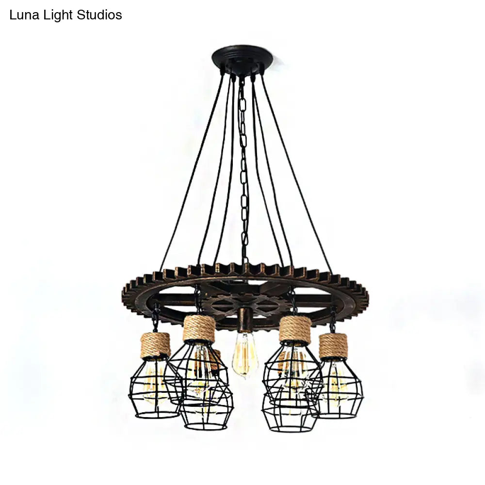 Industrial Metal Wagon Wheel Chandelier Lamp - Black 5/7-Light Living Room Hanging Light