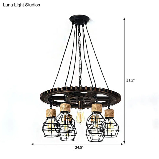 Industrial Metal Wagon Wheel Chandelier Lamp - Black 5/7-Light Living Room Hanging Light