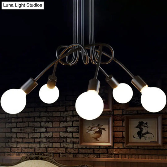 Industrial Metal Knot Chandelier: Black Suspension Lamp With Bare Bulb Design 5 /