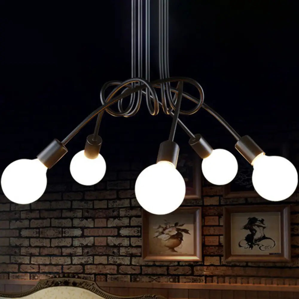 Black Metal Knot Chandelier With Bare Bulb Design - Industrial Living Room Lamp 5 /