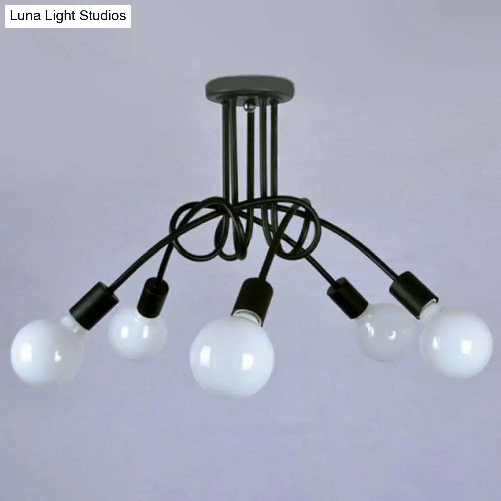 Industrial Metal Knot Chandelier: Black Suspension Lamp With Bare Bulb Design