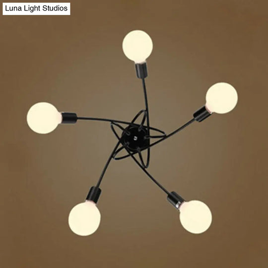 Industrial Metal Knot Chandelier: Black Suspension Lamp With Bare Bulb Design