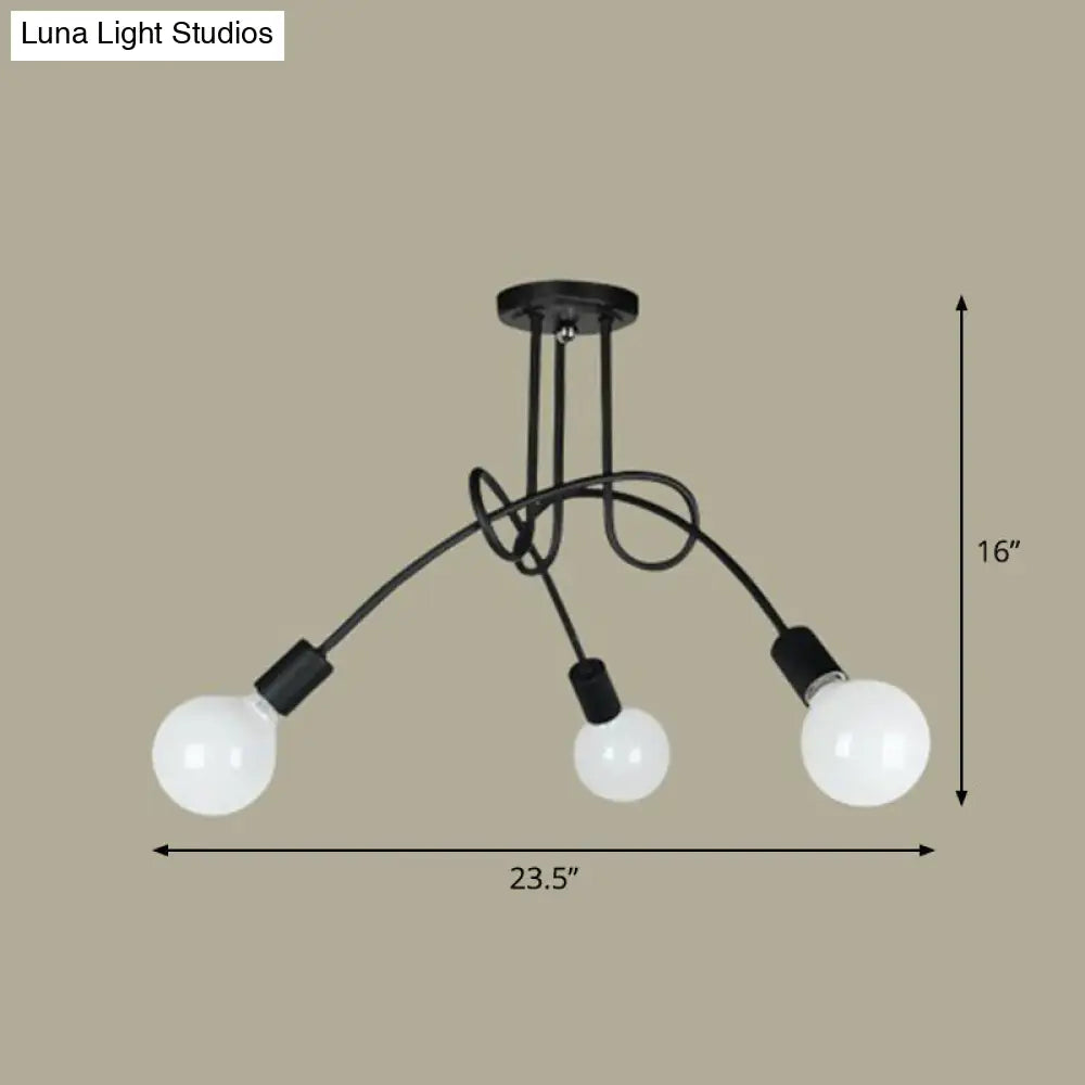 Industrial Metal Knot Chandelier: Black Suspension Lamp With Bare Bulb Design 3 /