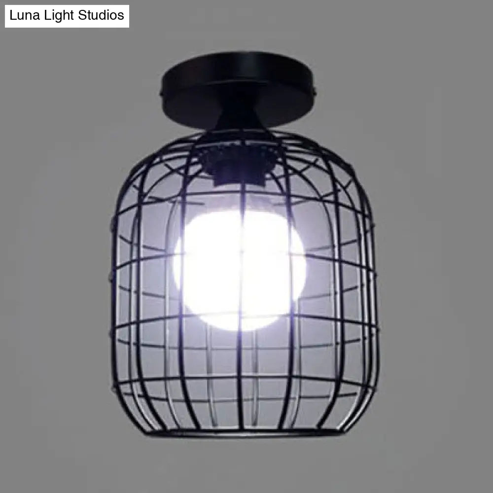 Black Metal Lantern Cage Semi-Flush Mount Light - Farmhouse Style Bedroom Ceiling Fixture