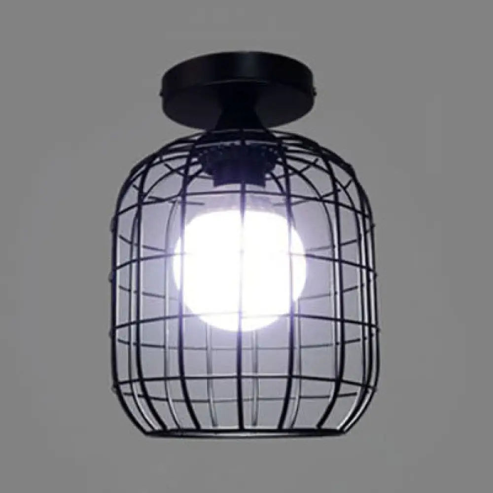 Black Metal Lantern Cage Semi - Flush Mount Light - Farmhouse Style Bedroom Ceiling Fixture