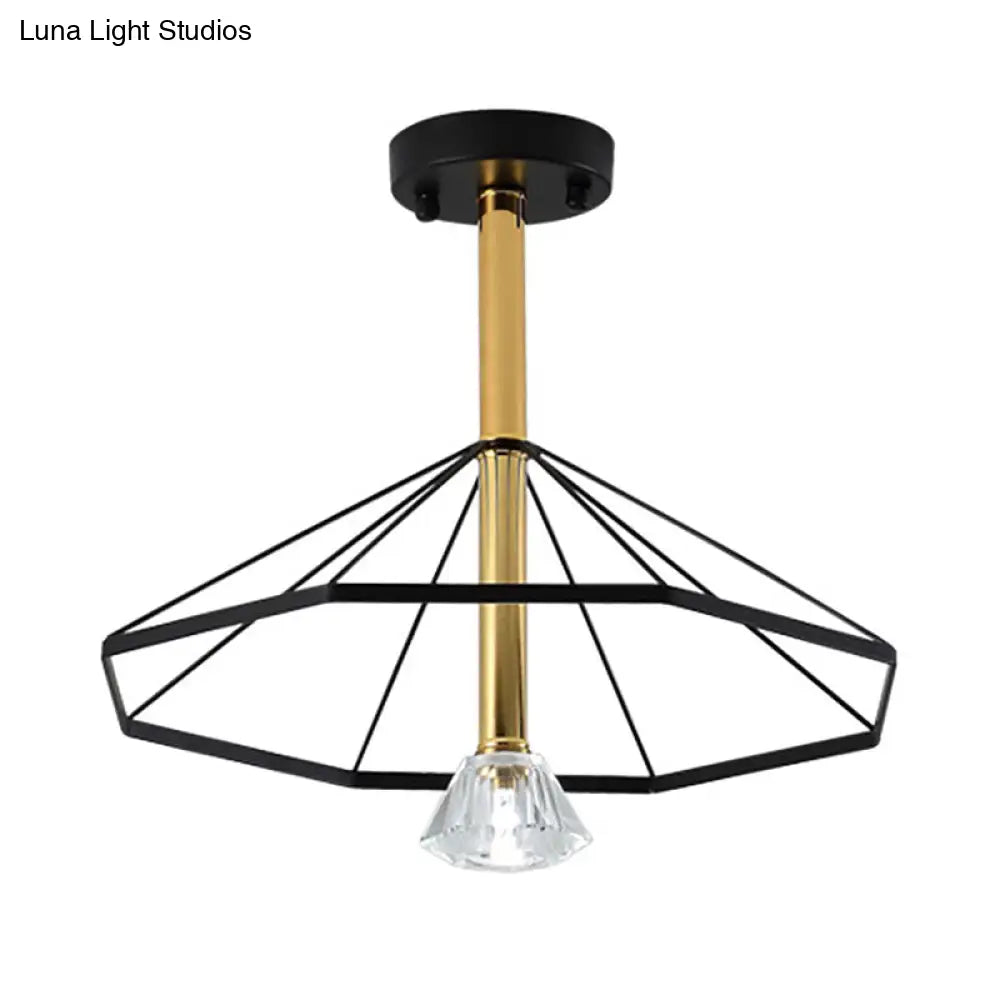 Black Metal Led Cage Flared Pendant Light With Crystal Shade - Loft Style Semi Flush