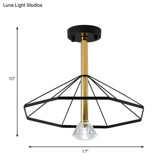 Black Metal Led Cage Flared Pendant Light With Crystal Shade - Loft Style Semi Flush