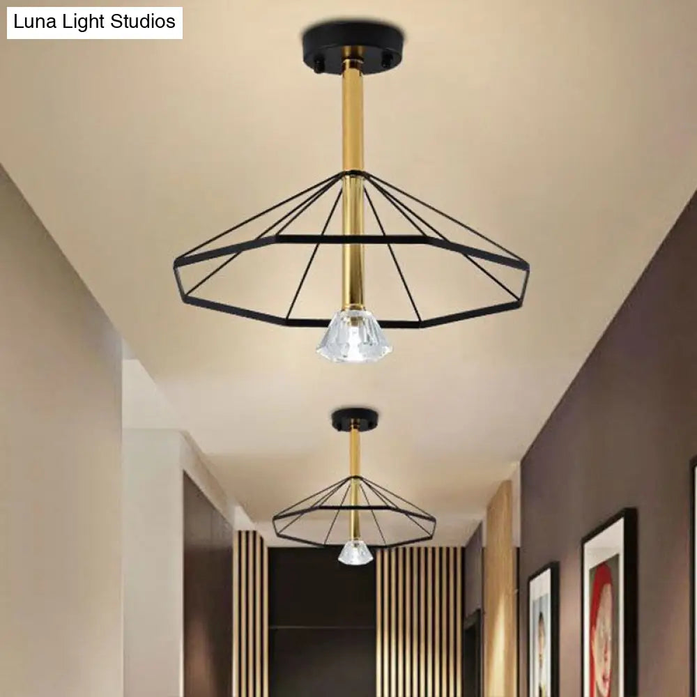 Black Metal Led Cage Flared Pendant Light With Crystal Shade - Loft Style Semi Flush