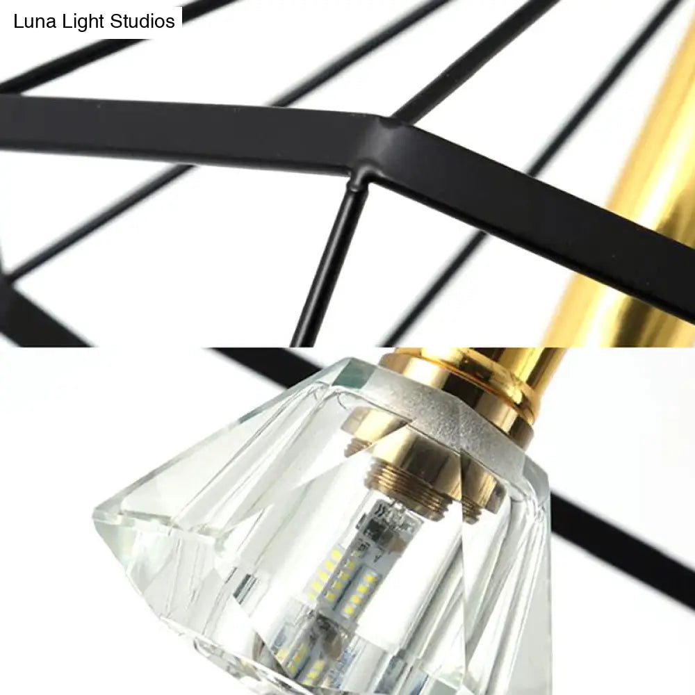 Black Metal Led Cage Flared Pendant Light With Crystal Shade - Loft Style Semi Flush