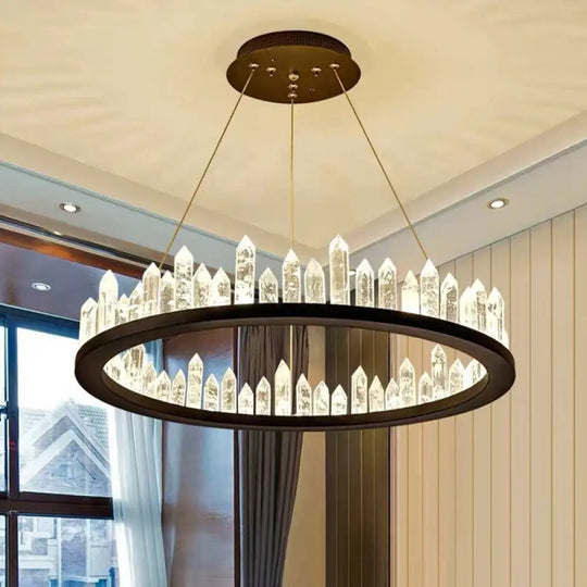 Black Metal Led Ceiling Chandelier With Crystal Accents For Modern Living Room Lighting / 23.5’