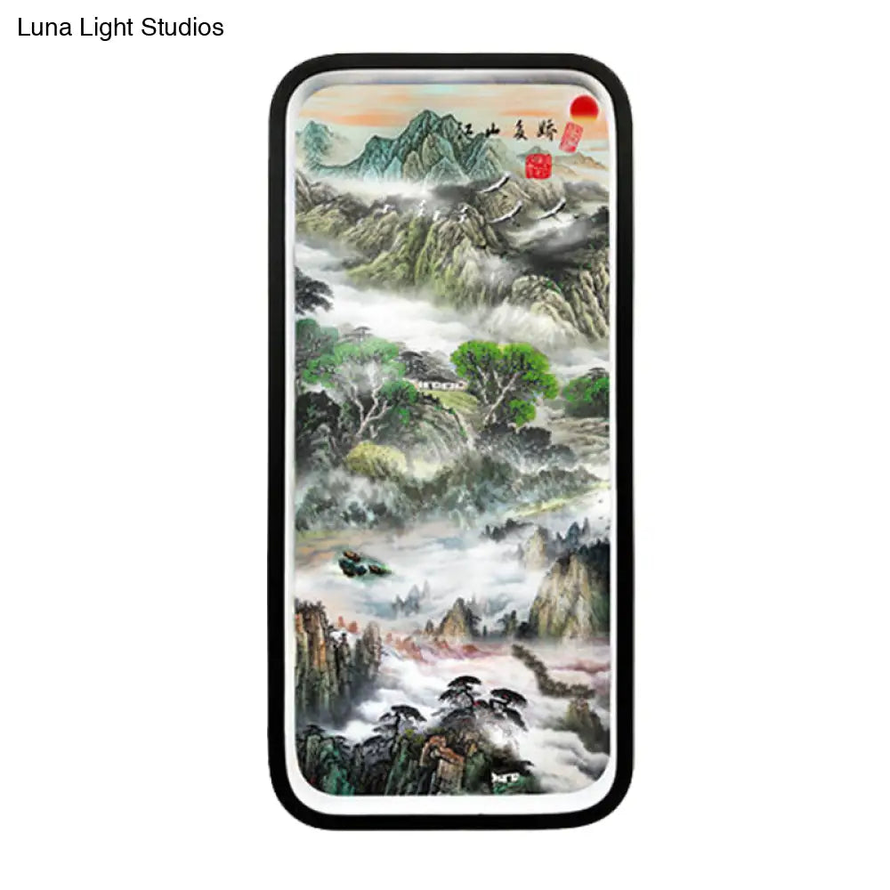 Black Metal Led Wall Sconce With Stunning Asia Mountain Scene For Family Room