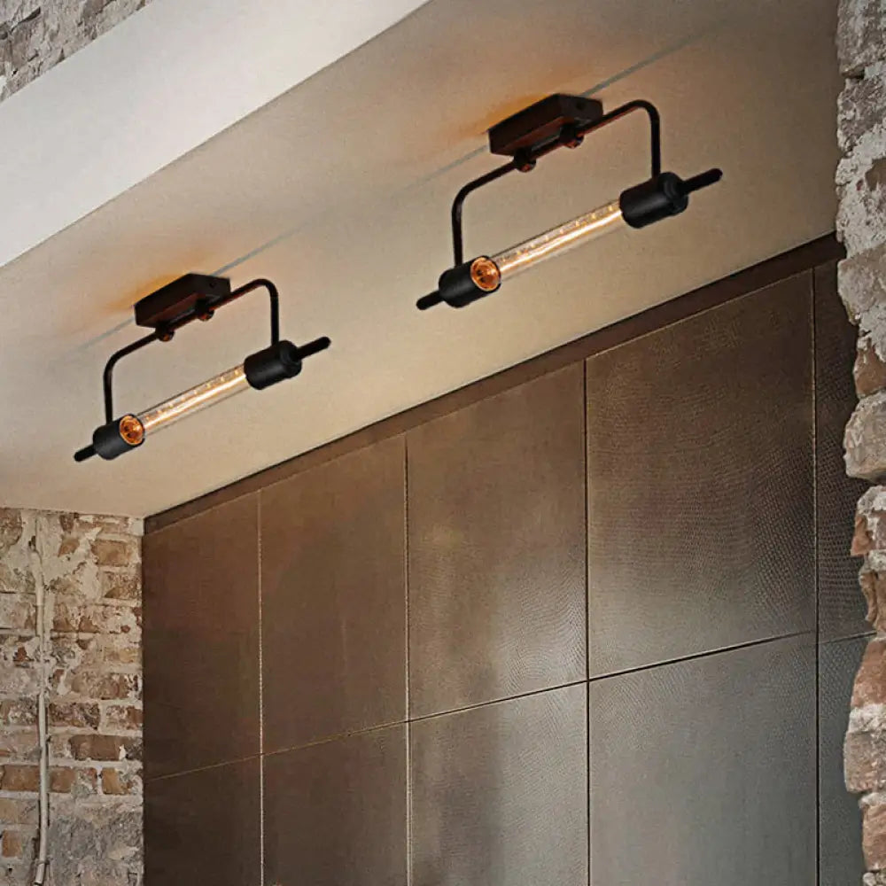 Black Metal Linear Wall Mount Light With Exposed Bulb Loft - Balcony Lighting