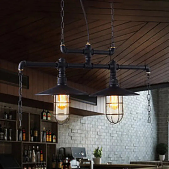 Black Metal Nautical Island Pendant Light With Flared Shade And 2 Lights - Perfect For Bars