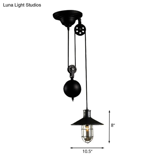 Black Metal Nautical Pulley Pendant Light With Cage Shade - 1-Light Kitchen Hanging Lamp