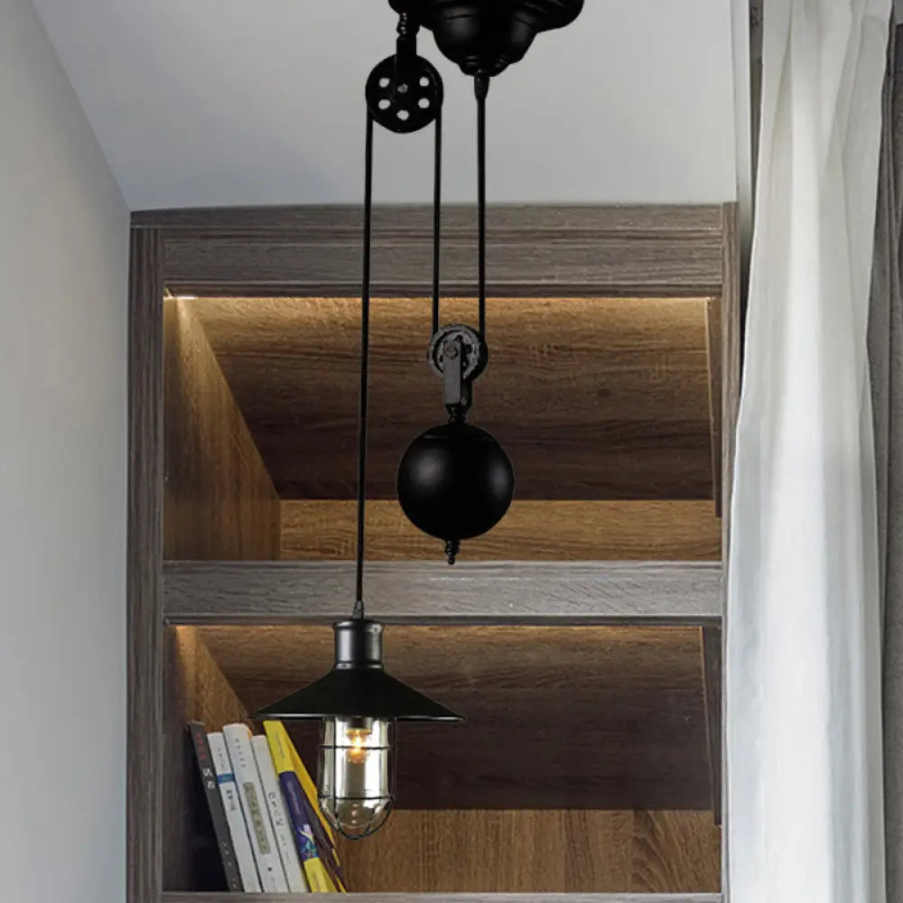 Black Metal Nautical Pulley Pendant Light With Cage Shade - 1-Light Kitchen Hanging Lamp