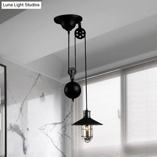 Black Metal Nautical Pulley Pendant Light With Cage Shade - 1-Light Kitchen Hanging Lamp