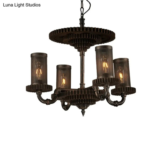 Black Metal Warehouse Cylinder Pendant Light Kit With 4 Hanging Lights And Gear Deco