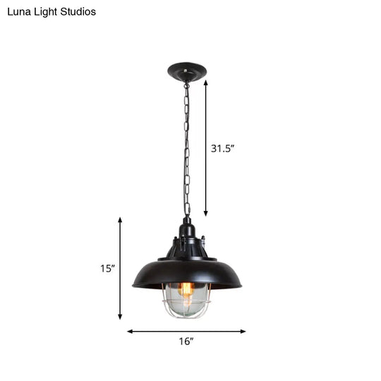 Black Domed Metal Pendant Light With Clear Glass Shade - Factory-Made For Living Rooms