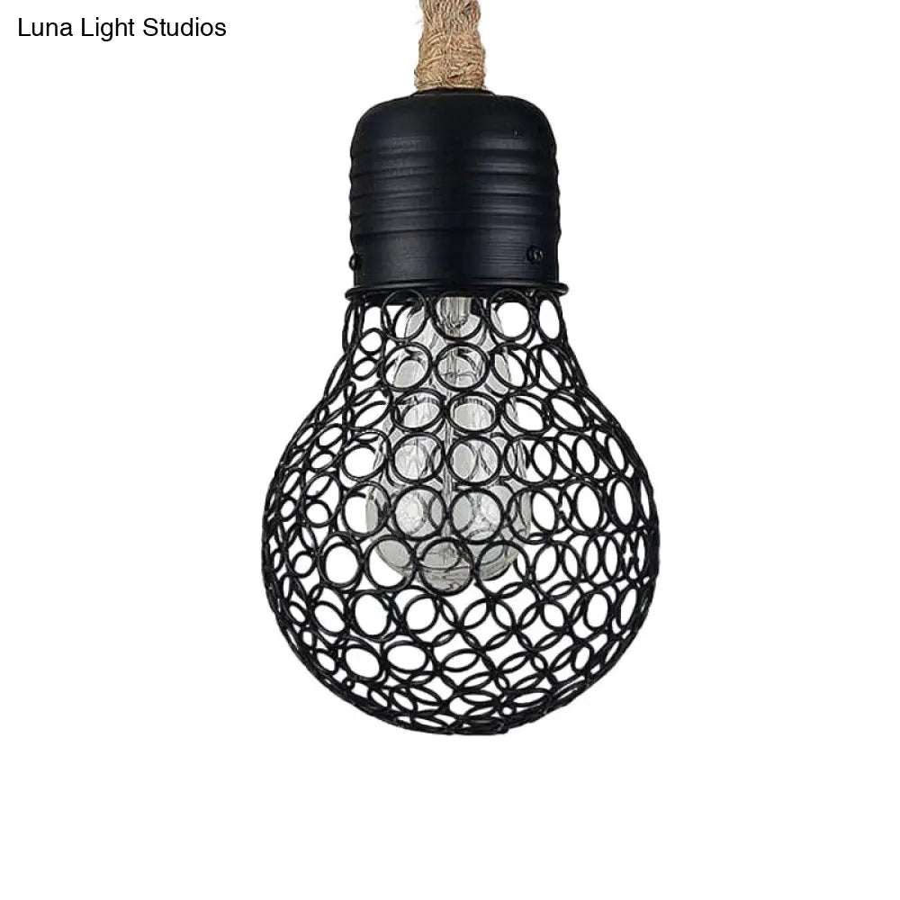 Industrial Metal Hanging Pendant Light With Mesh Screen - Black Bulb Shade For Restaurant Ceiling