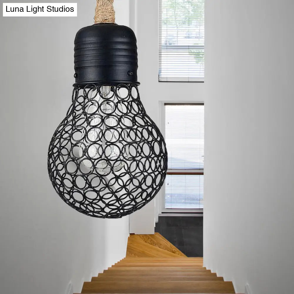 Industrial Metal Hanging Pendant Light With Mesh Screen - Black Bulb Shade For Restaurant Ceiling