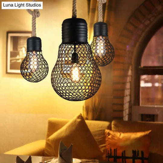 Industrial Metal Hanging Pendant Light With Mesh Screen - Black Bulb Shade For Restaurant Ceiling