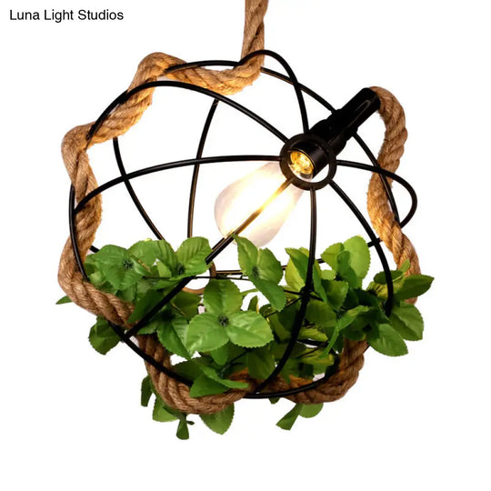 Black Round Metal Pendant Lamp - Lodge Style With Rope And Artificial Leaf