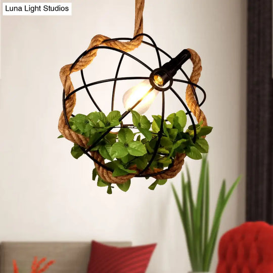 Black Metal Pendant Light With Rope And Leaf For Restaurant Lodge