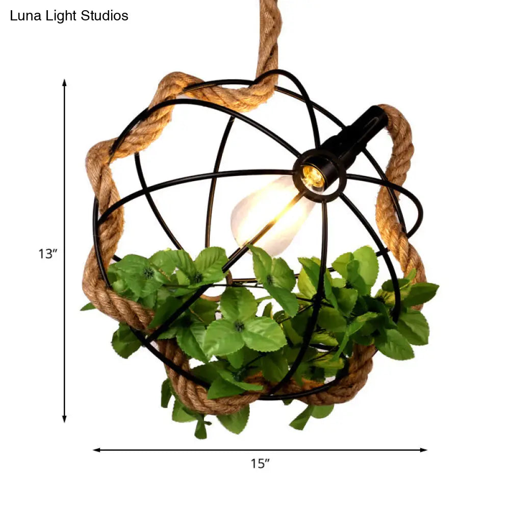 Black Round Metal Pendant Lamp - Lodge Style With Rope And Artificial Leaf