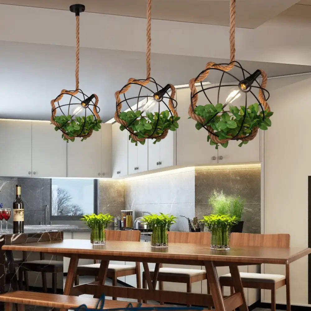 Black Metal Pendant Light With Rope And Leaf For Restaurant Lodge