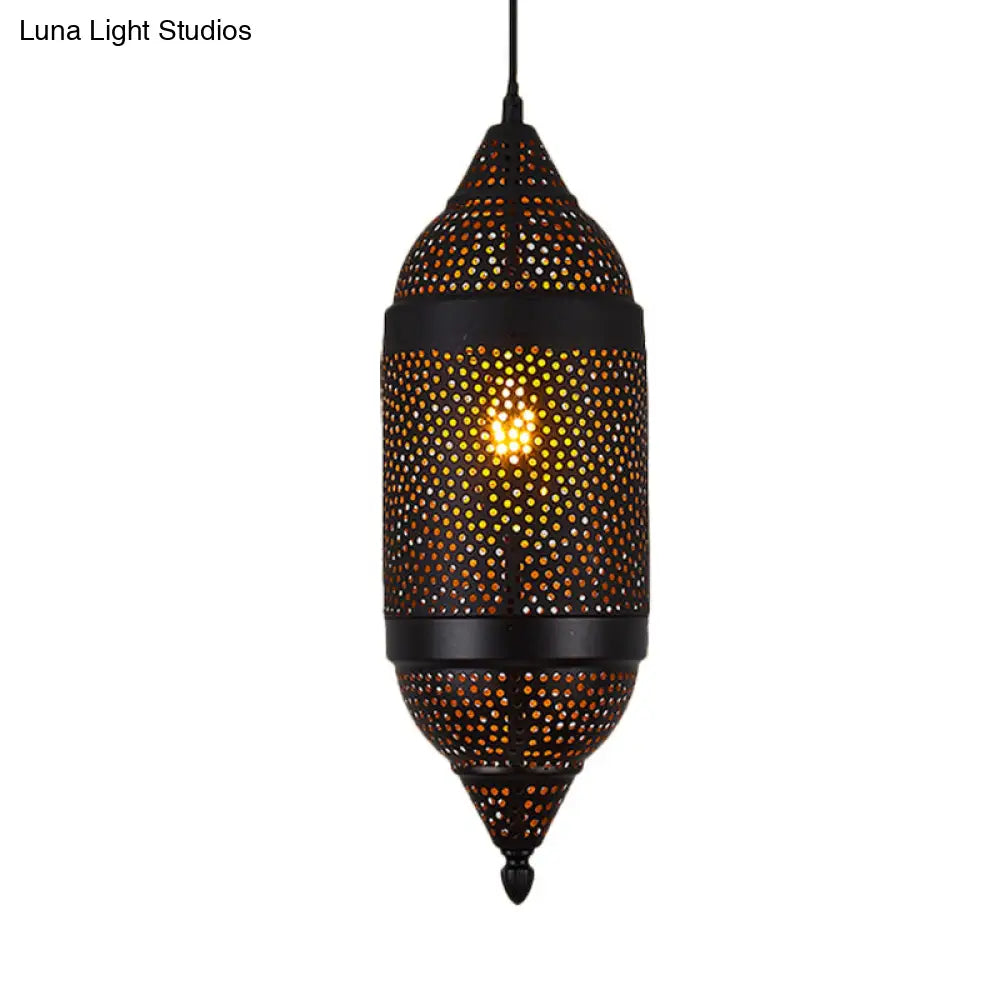 Black Metal Pendant Light With Traditional Cylindrical Design And 1 Bulb For Ceiling Suspension