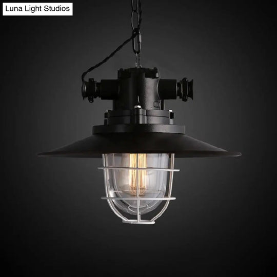 Black Metal Saucer Pendant Light Kit With White Wire Cage And Glass Shade