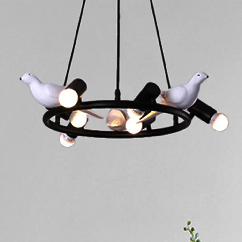 Black Metal Ring Pendant Chandelier With Bird Ornament - Modern 6/8-Light Ceiling Light For Dining