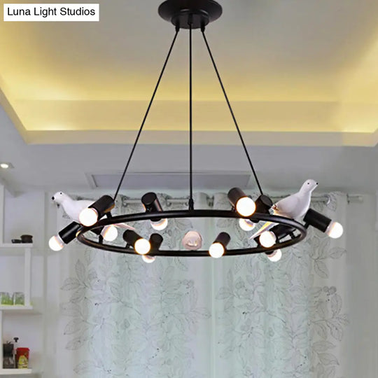 Modern Black Ring Pendant Chandelier With Bird Ornament - 6/8 Lights For Dining Room Ceiling