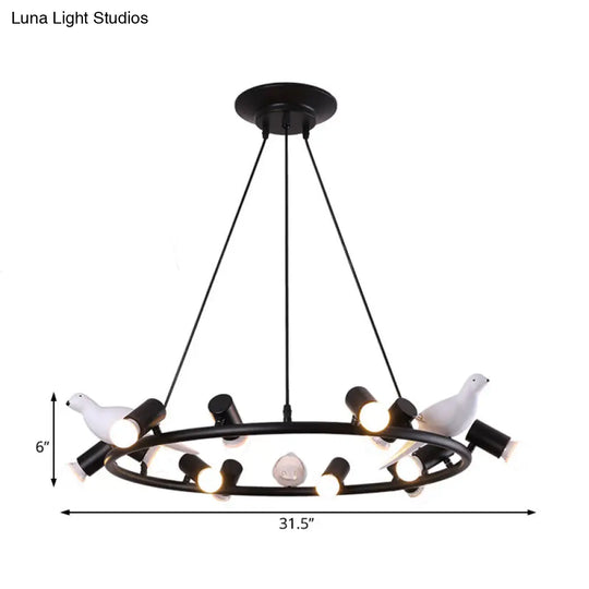 Modern Black Ring Pendant Chandelier With Bird Ornament - 6/8 Lights For Dining Room Ceiling