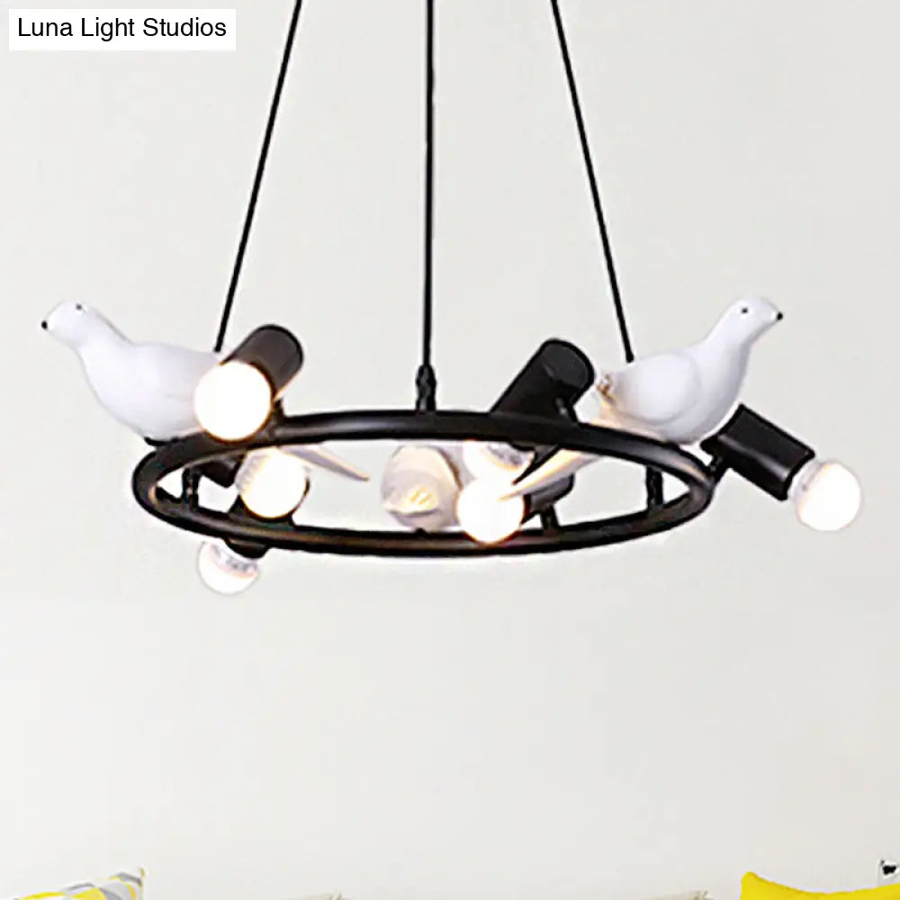 Black Metal Ring Pendant Chandelier With Bird Ornament - Modern 6/8-Light Ceiling Light For Dining